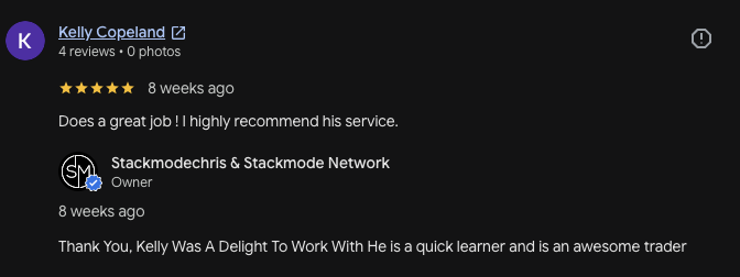 Kelly Copeland Google review of Stackmode business and trading guidance