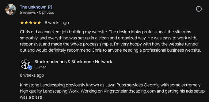 Kingstone Landscaping Google review of Stackmode professional business website