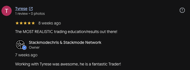 Tyrese Google review of Stackmode trading education