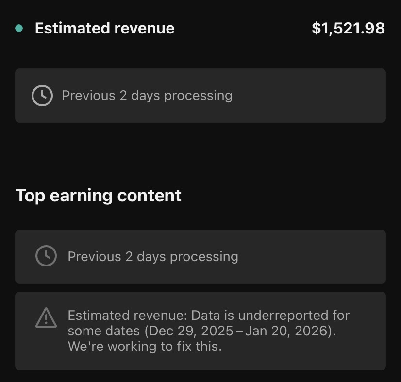 Estimated revenue and top earning content screenshot showing business revenue proof