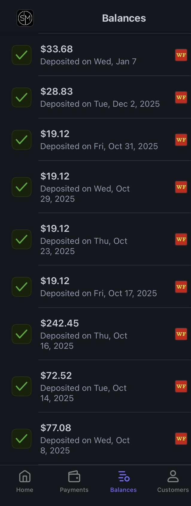 Stripe balance history showing multiple deposits and payouts as business proof