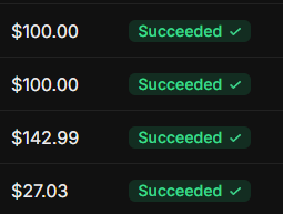 Payment list with multiple successful charges and completed transactions