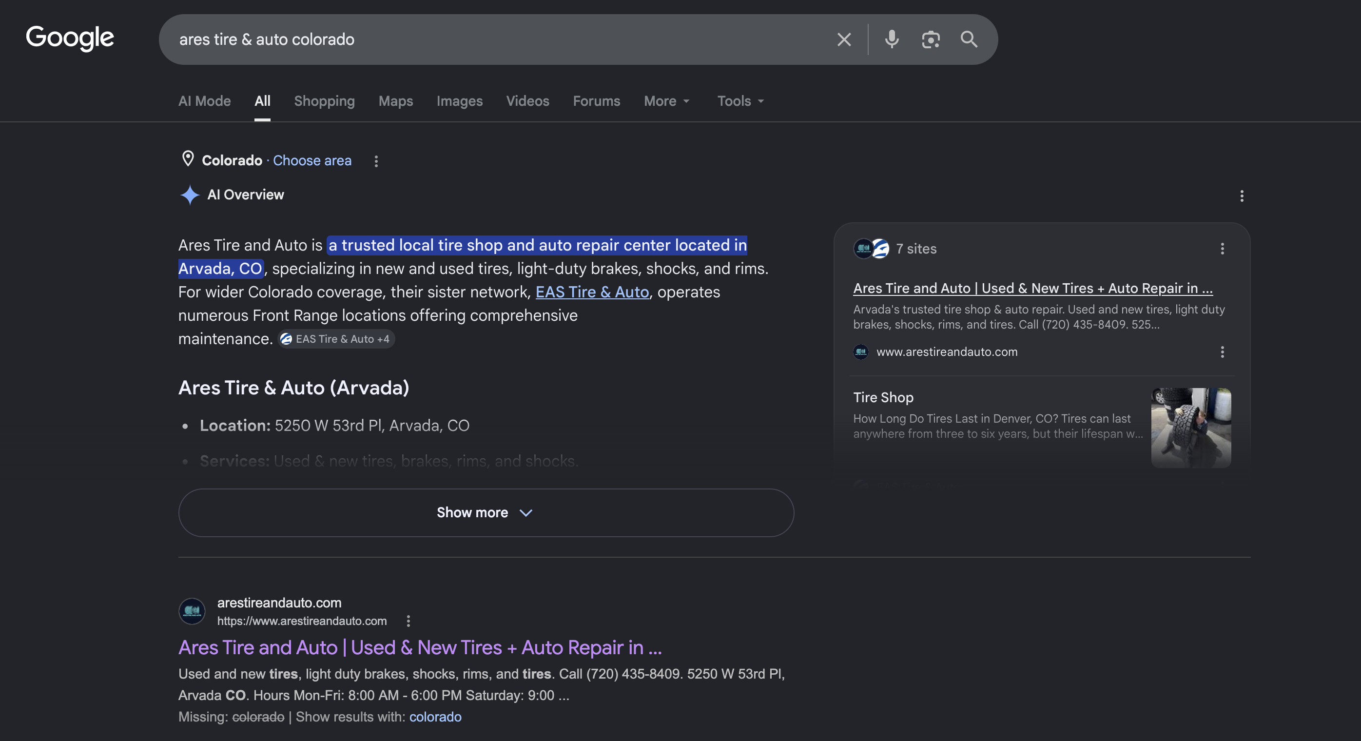 Ares Tire and Auto ranking in Google AI overview and search results