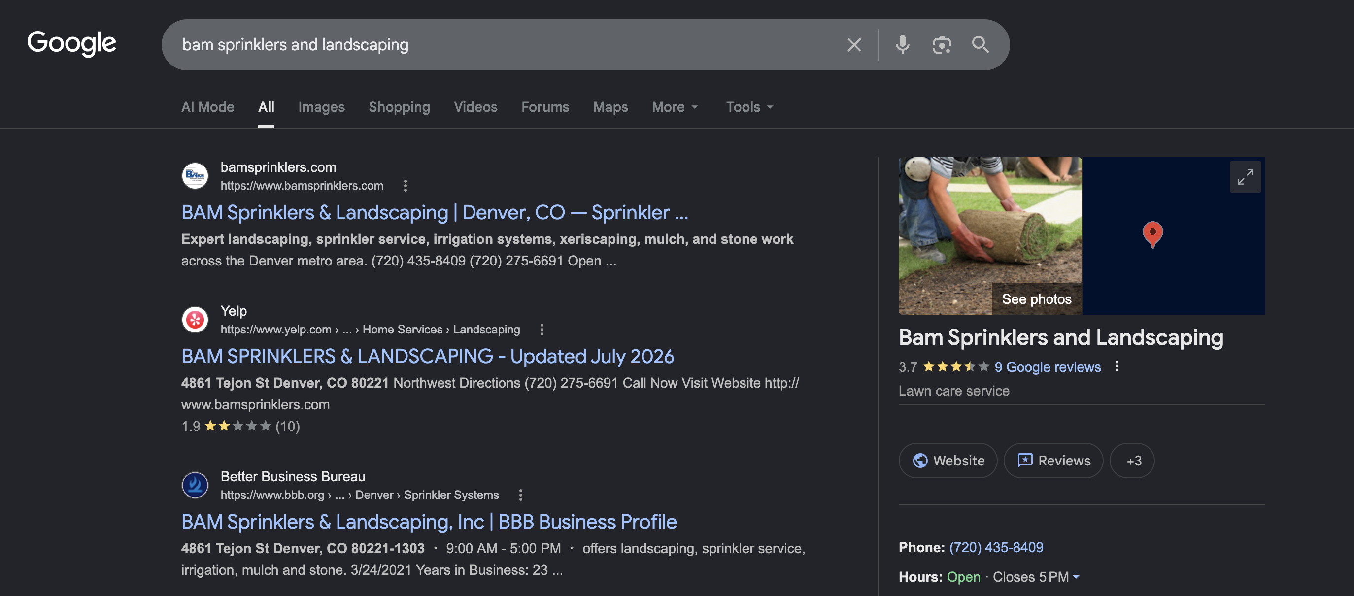 BAM Sprinklers ranking in Google search results