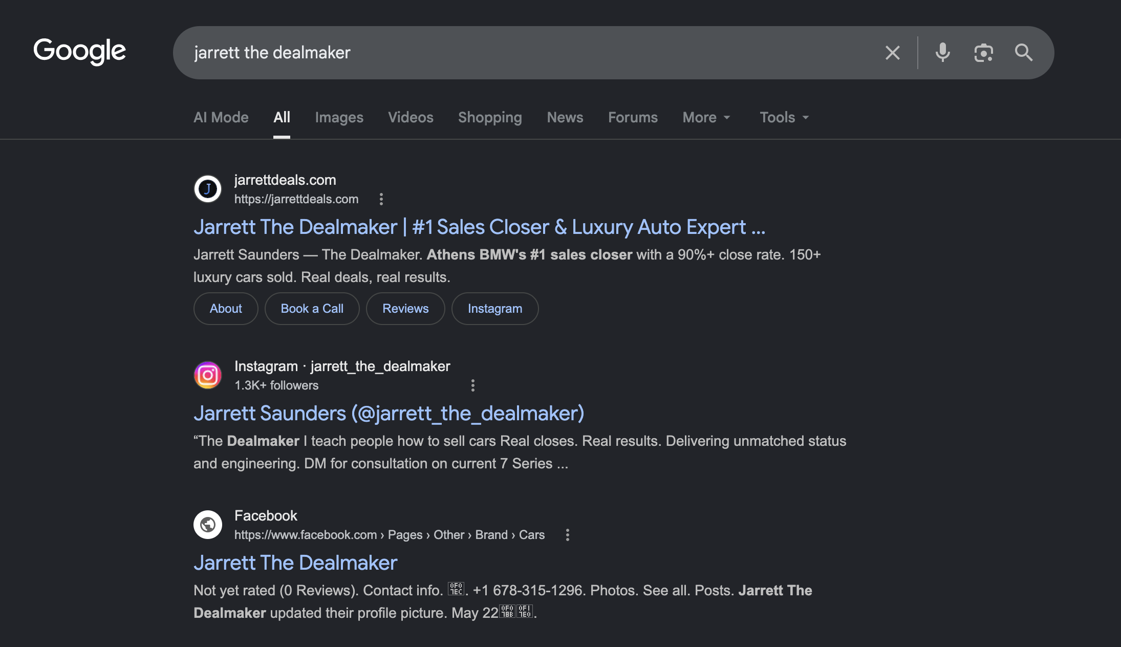 Jarrett The Dealmaker ranking in Google search results as Stackmode SEO proof