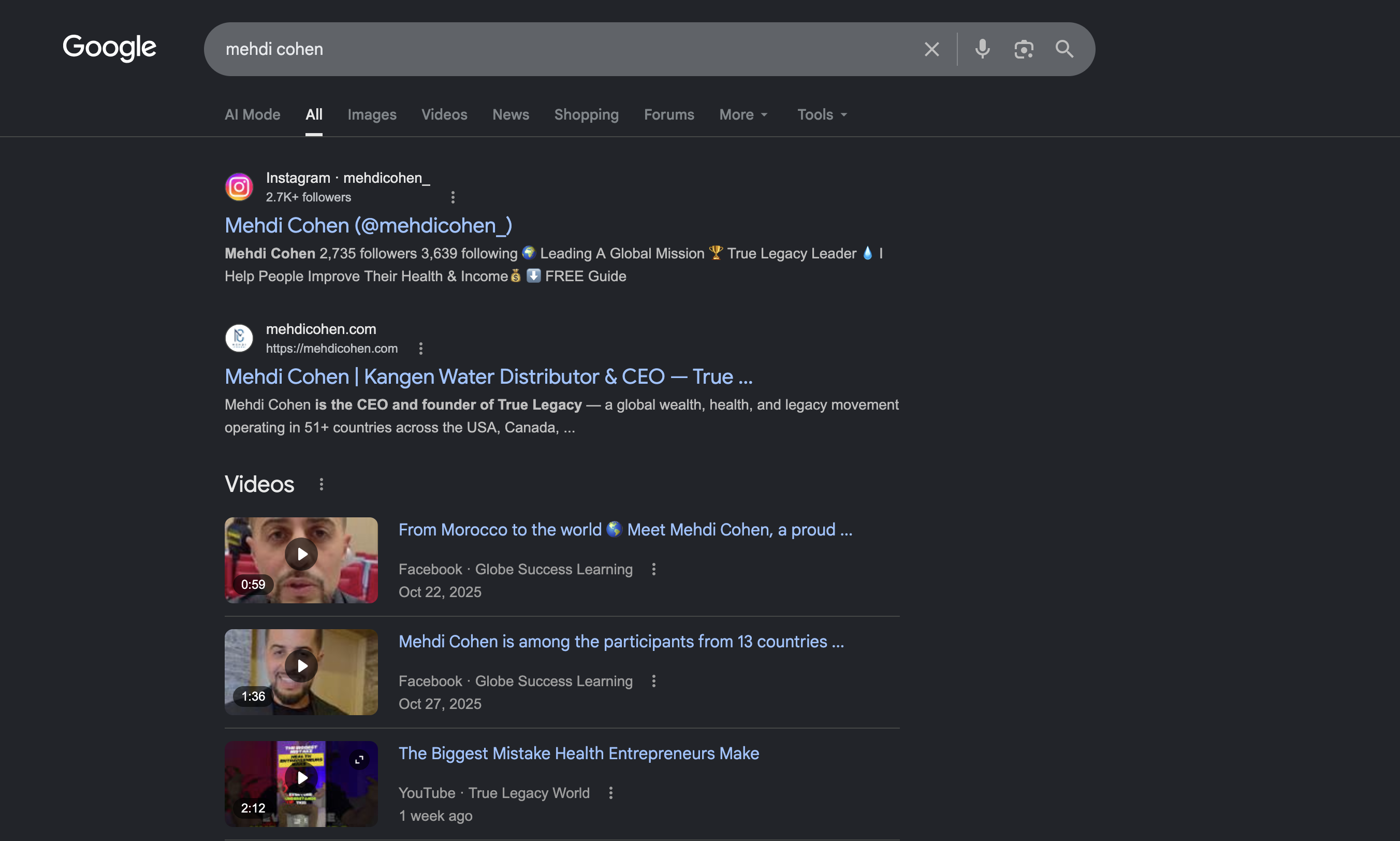 Mehdi Cohen ranking in Google search results