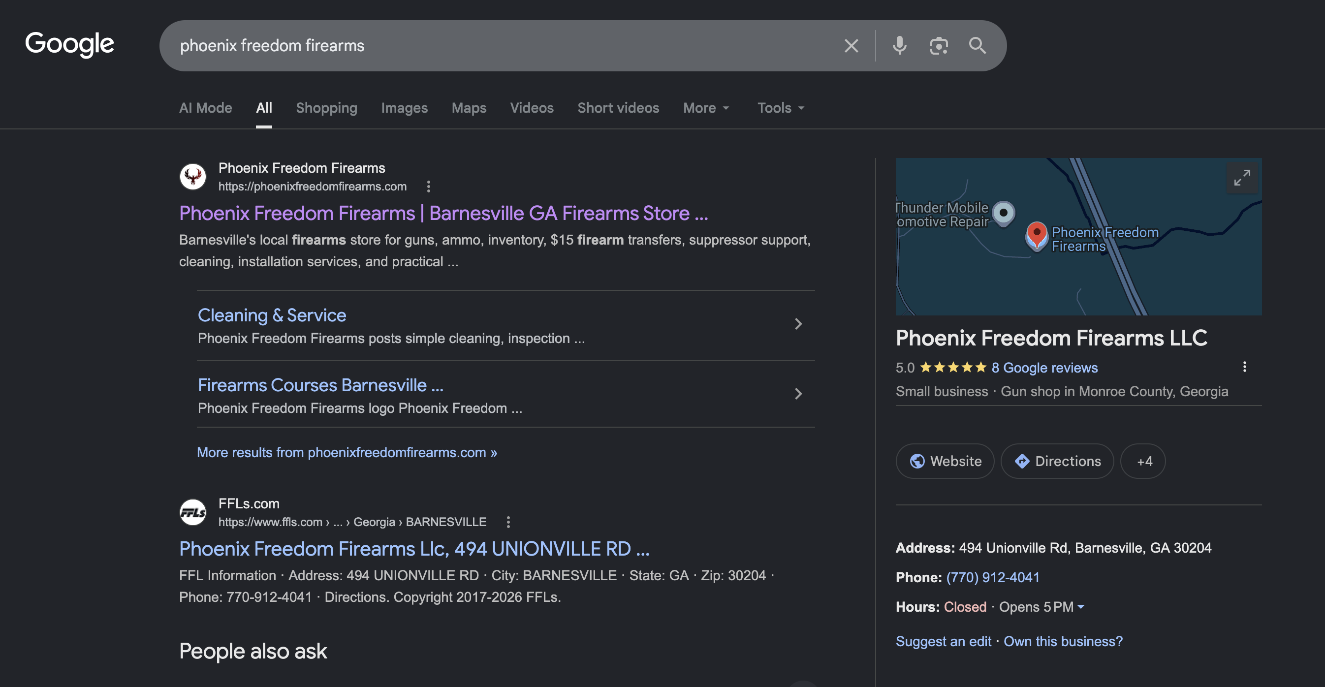 Phoenix Freedom Firearms ranking in Google search results