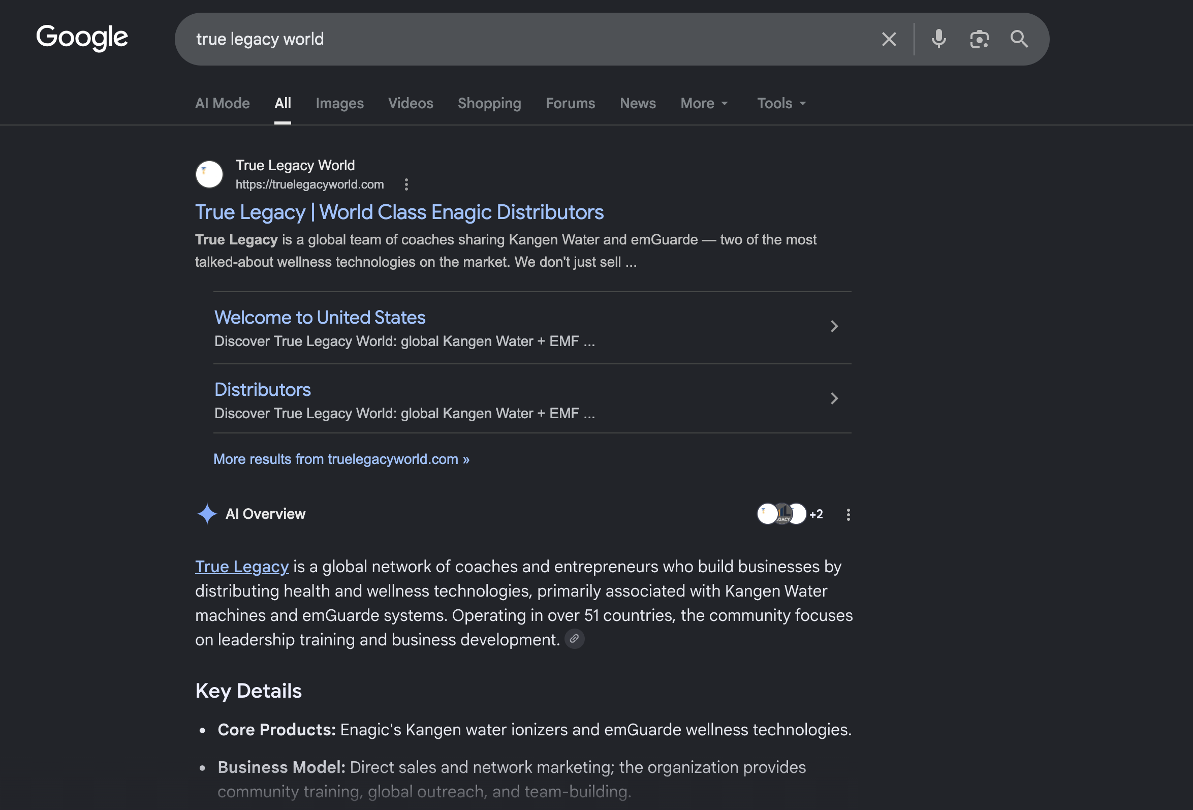 True Legacy World ranking in Google search results and AI overview