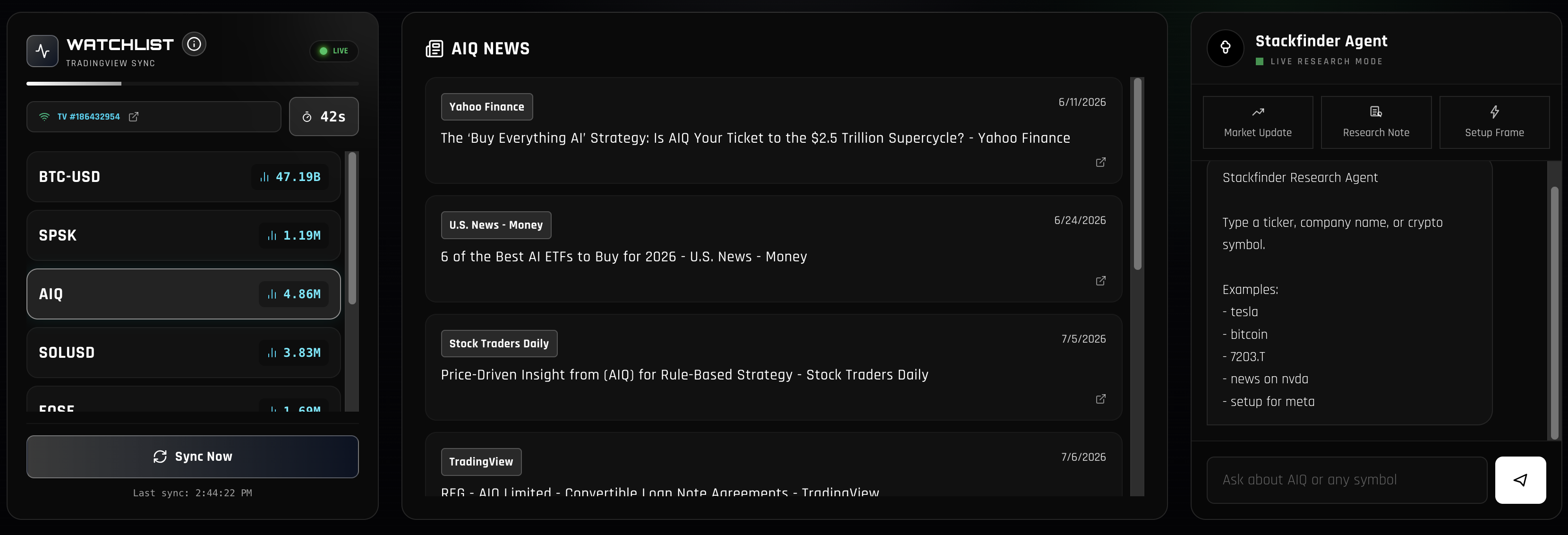 StackFinder watchlist and market news preview