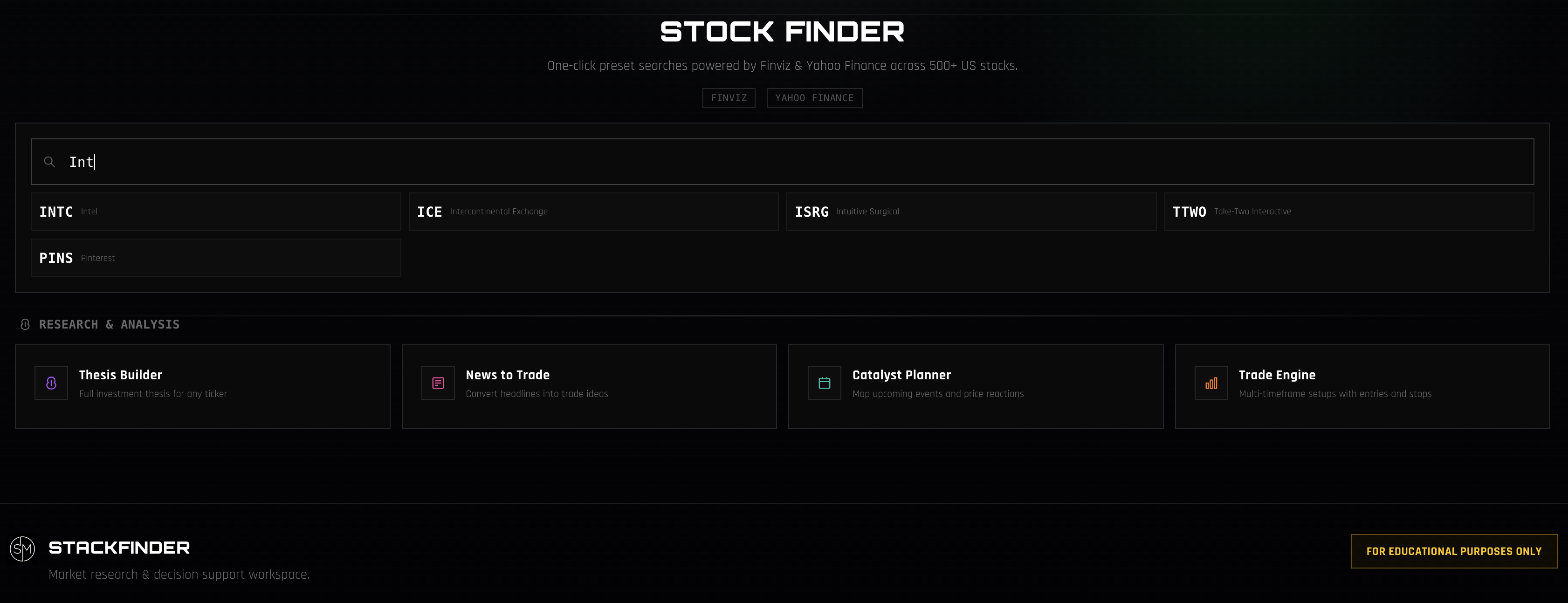 StackFinder research dashboard preview
