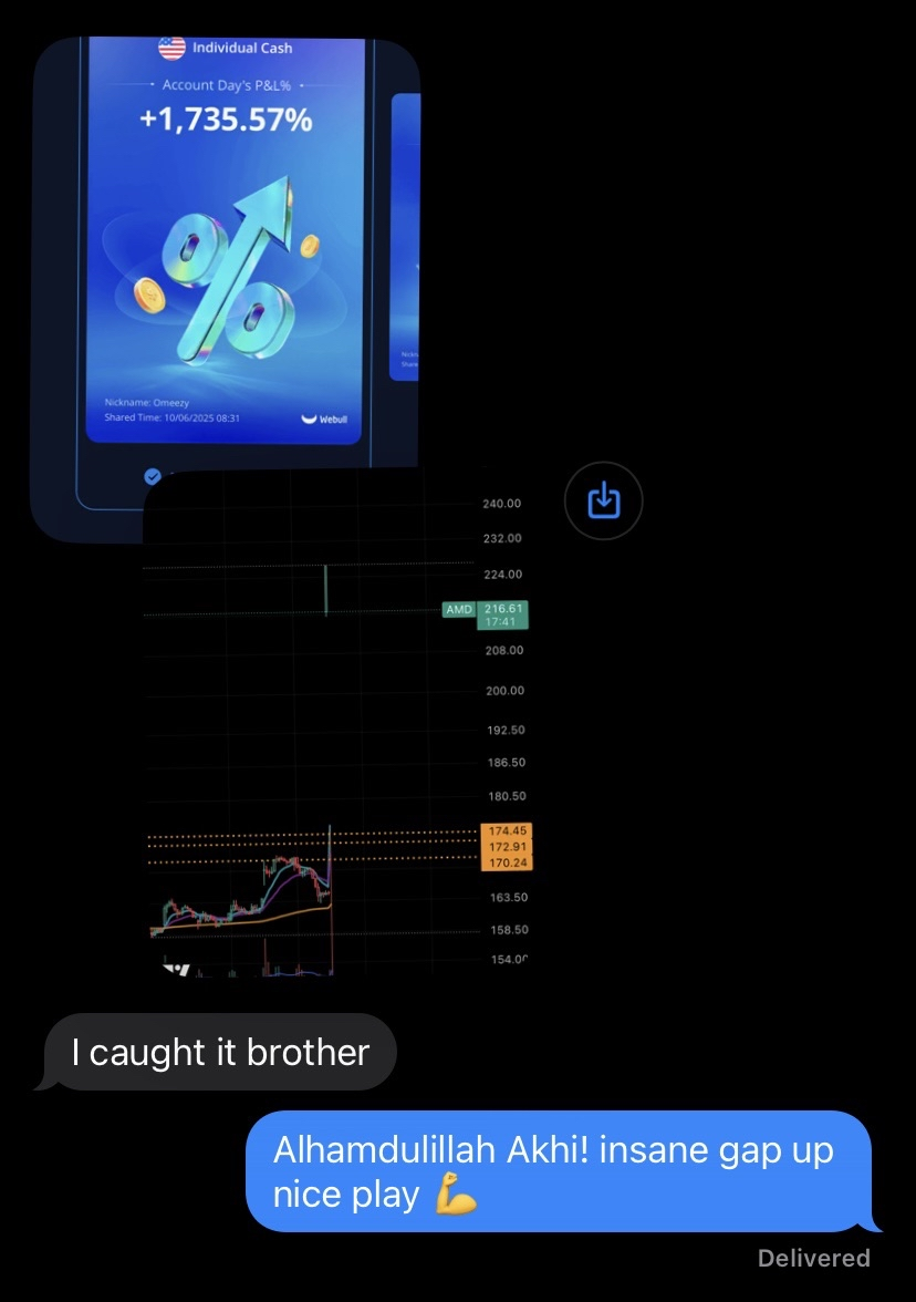 AMD gap-up trade profit screenshot and text response from a Stackmode student